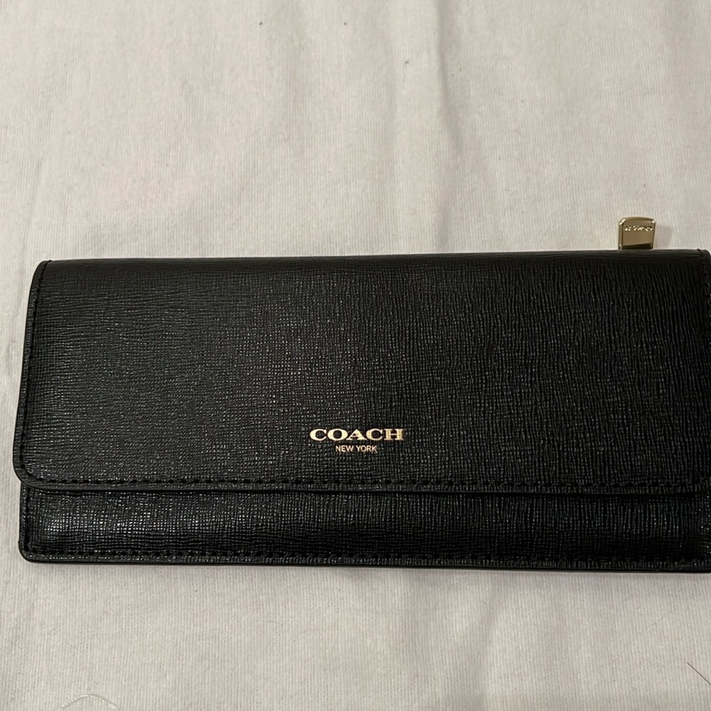 Coach Black Saffiano Leather Continental Wallet with Gold Accent